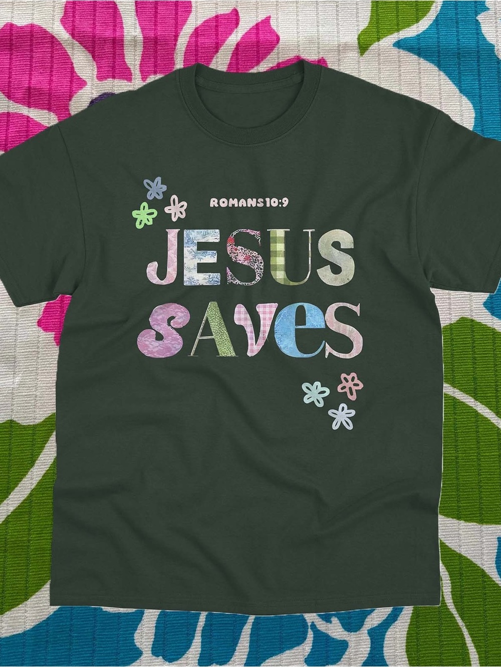 "Jesus Saves" Graphic Tee in Forest Green